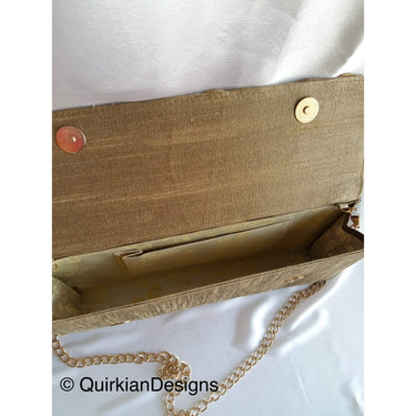 Green Fabric Clutch Purse With Copper And Gold Intricate Floral Embroidery, Wedding Clutch, Party Bag